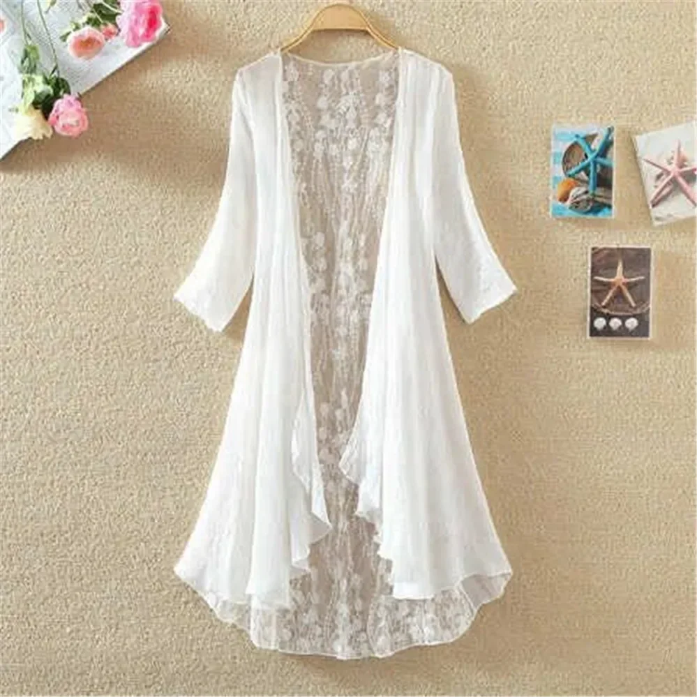 Women Chiffon Tunic Kimono Cardigan Lace Long Shirt Ruffles Hollow Out Loose Ladies Cardigans Spring Summer Shirts Female V1557