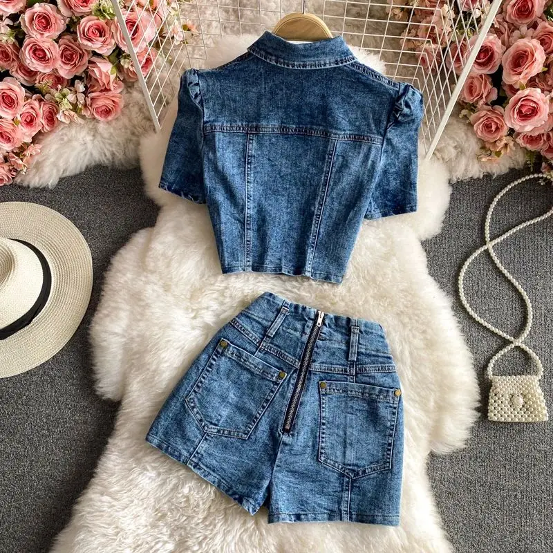 Denim Shorts Sets For Women Girls Turn Down Collar Hollow Out Short Shirts+Shorts Jeans 2 Pieces Clothing Sets Outfits