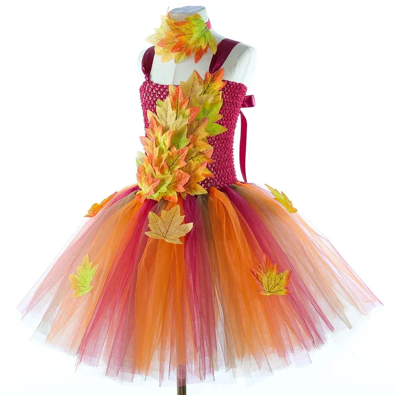 Fairy Costume for Girls Forest Woodland Autumn Fairy Tutu Dress Up Maple Leaves Kids Halloween Thanksgiving Tulle Princess Dress