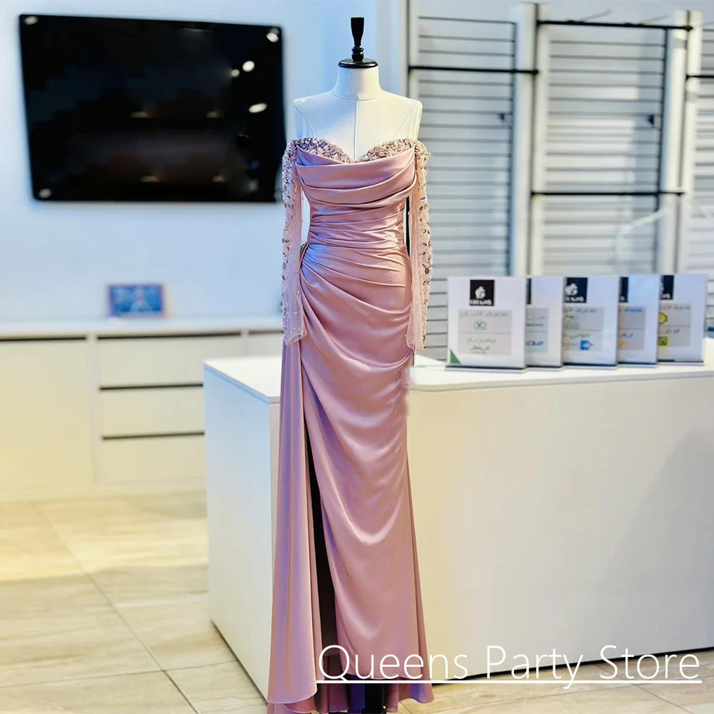 Pink Evening Dress Customized Long Sleeves Sweetheart Beading Sequin Pleat High Slit Satin Mermaid Prom Gown Party Dresses