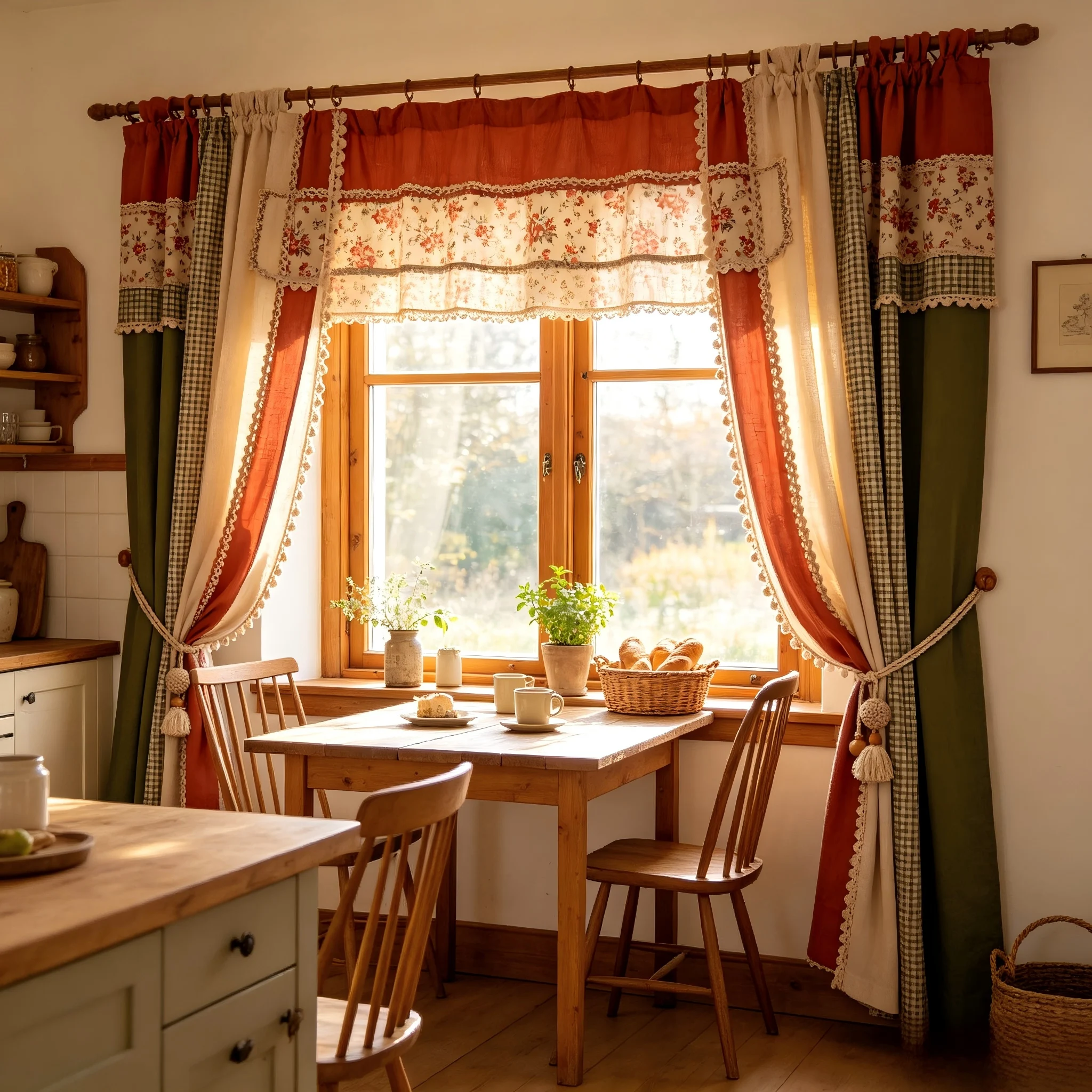 200291 Rural Kitchen Breakfast Area: Tomato Red x Olive Green Cotton Hemp, Retro Floral Plaque Curtains