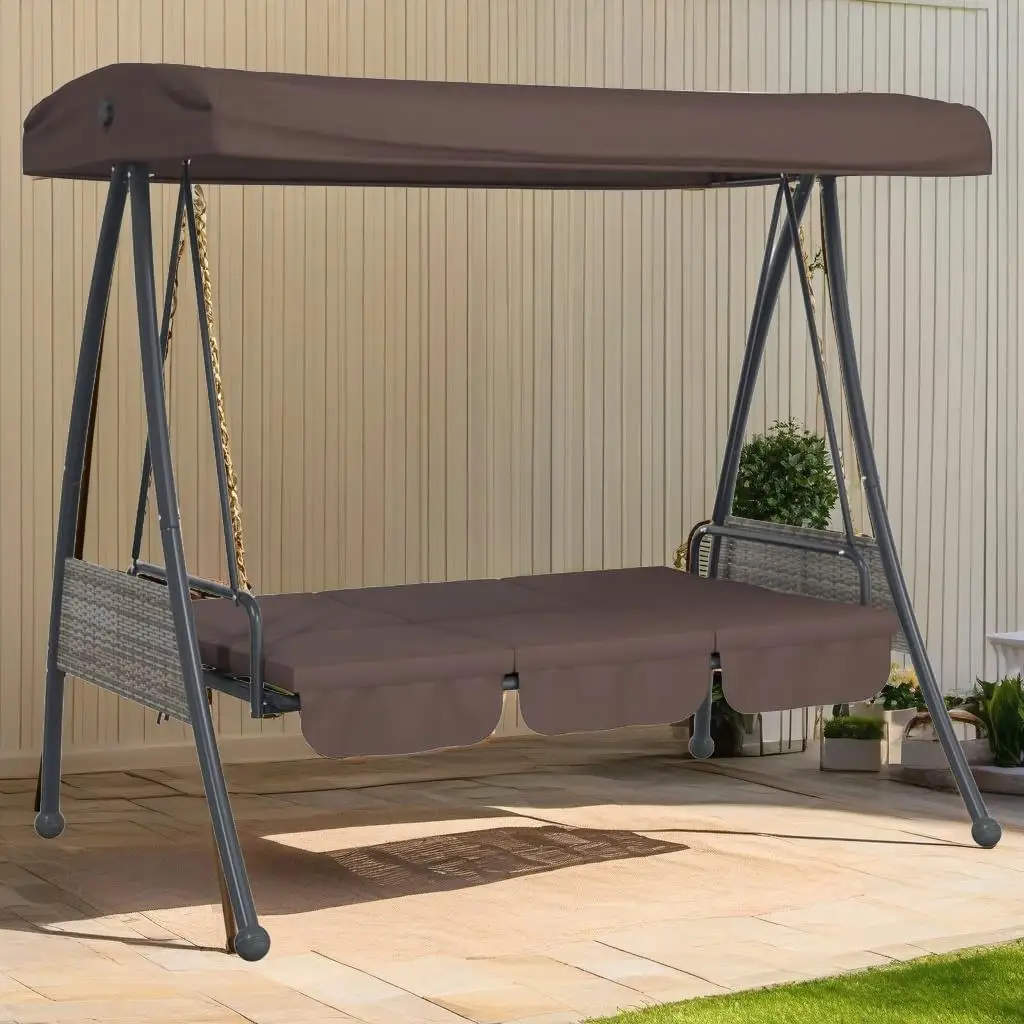 Adjustable Canopy Patio Swing Bench - Coffee Brown Steel Outdoor Seating