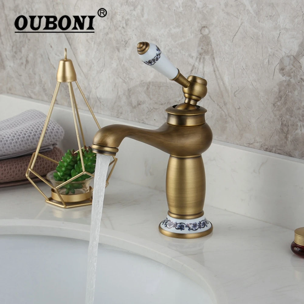 OUBONI Antique Brass Bathroom Basin Faucet Retro Style Vanity Sink Mixer Tap Deck Mounted Hot & Cold Water Mixer Tap Faucet