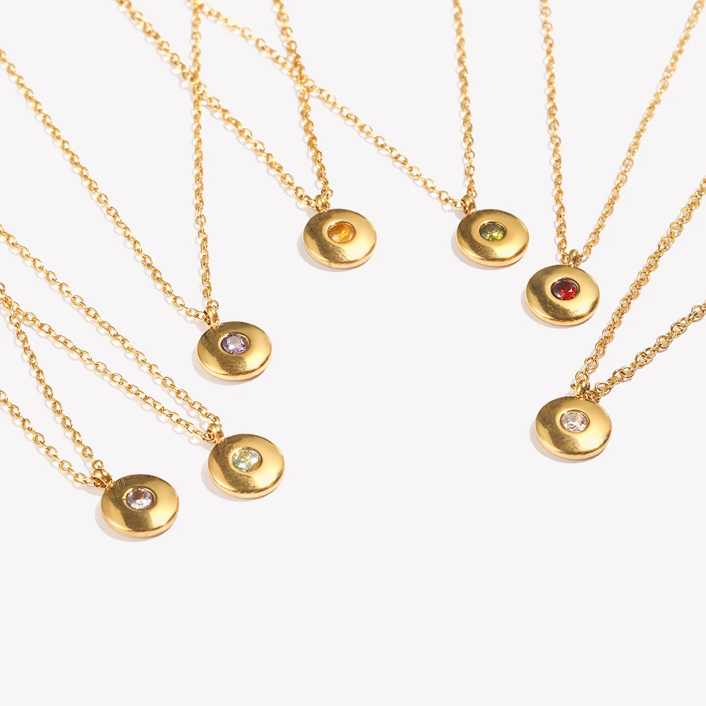 E.B.belle Simple 12 Month Birth Stone Round Card Small Pendant Necklace 316L Stainless Steel 18K Gold Plated Decoration