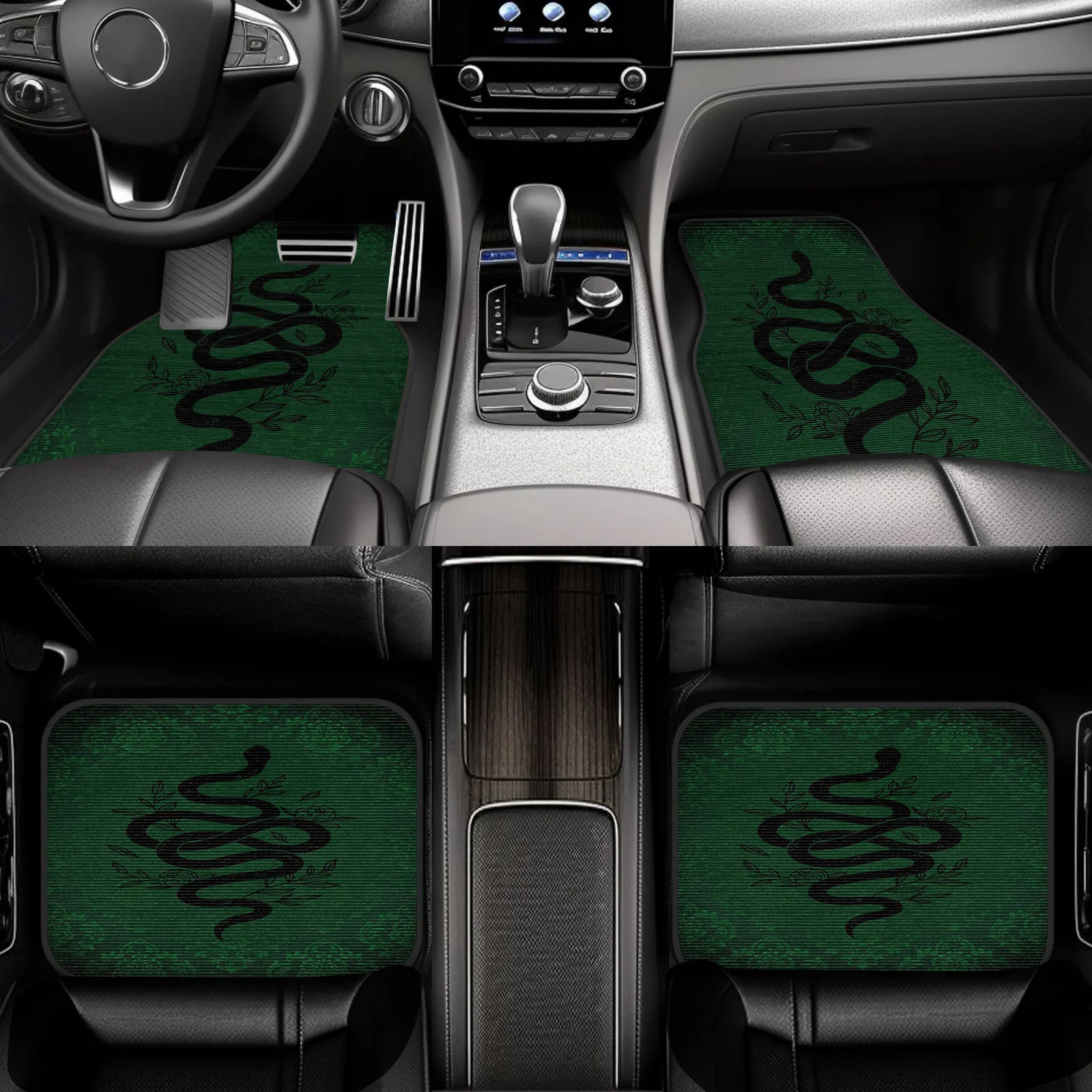 Set Of 4 - Classic Snake Design Car Floor Mats Featuring A Green Backdrop - Easy To Clean And Install - Ideal For Sedans And Suv