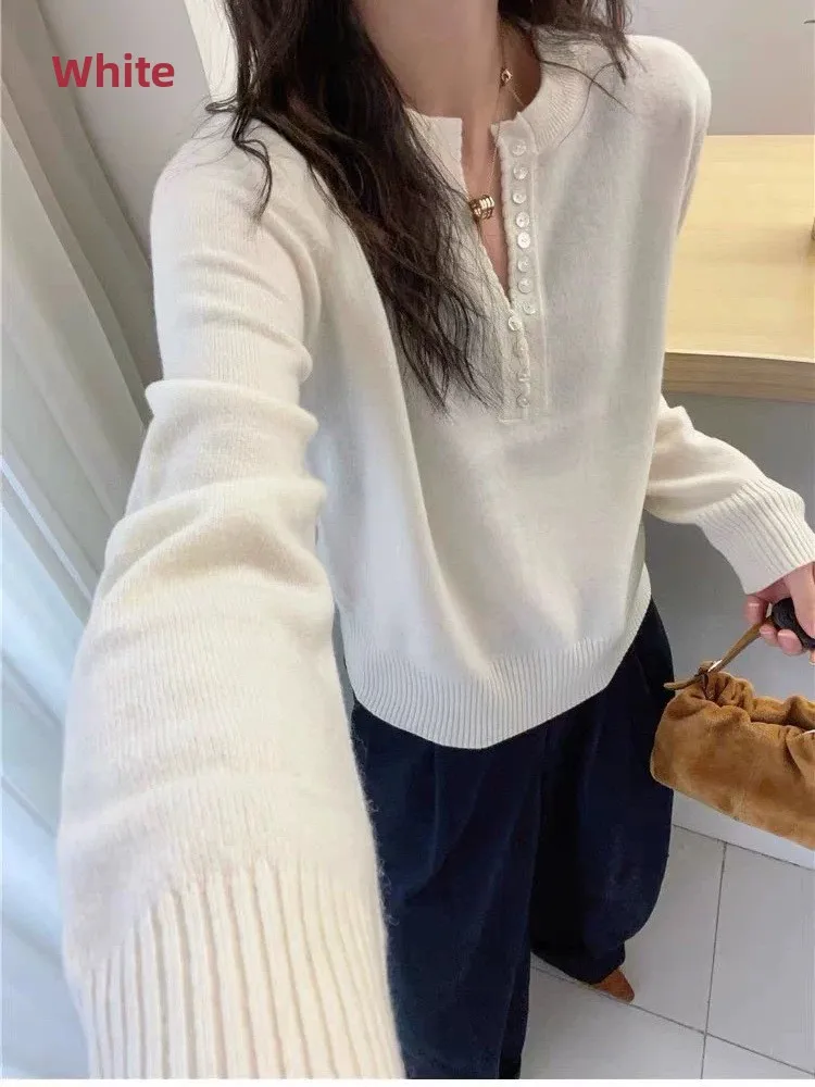 Minimalist Style Women's V-Neck Pullover Sweater Loose Lazy Knitted Shirt Autumn New Button up Top Warm Soft Long Sleeve Pure...