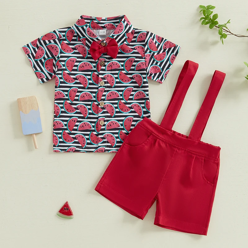 Little Boys Summer Shorts Sets Short Sleeve Lapel Watermelon Print Tops And Suspender Shorts Sets Hot Sale