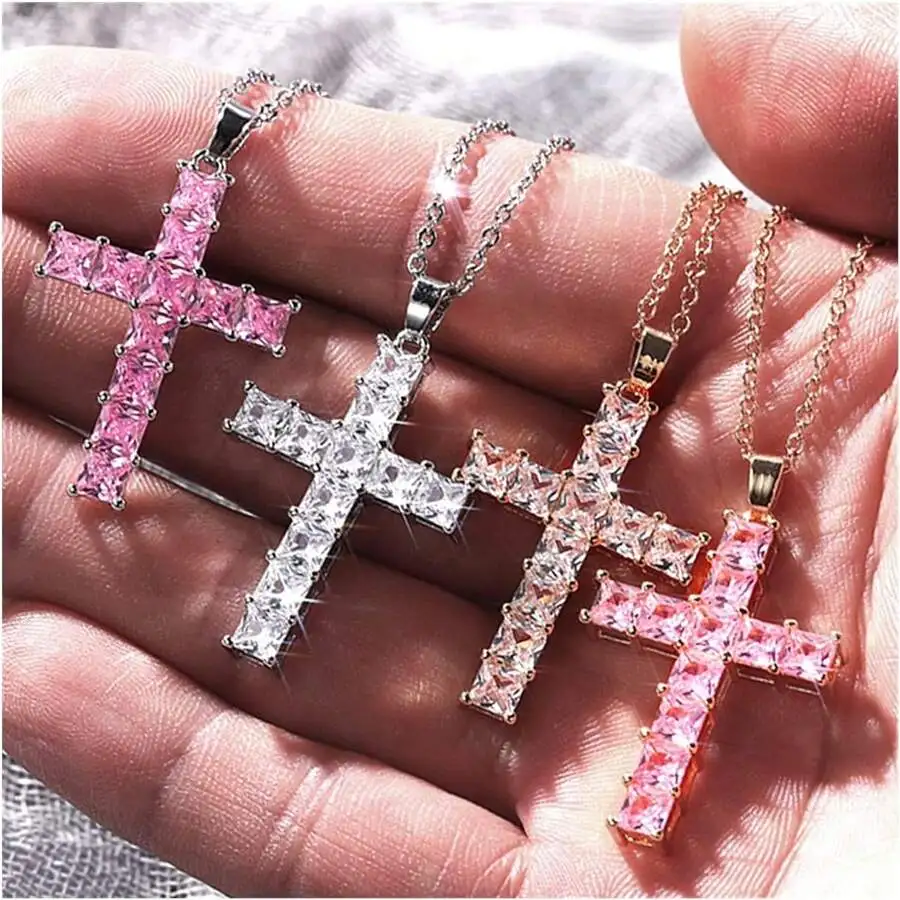 Collar de moda para mujer con dije de cruz de Jesús, dorado, cristales multicolor, para fiesta y tiempo libre 2