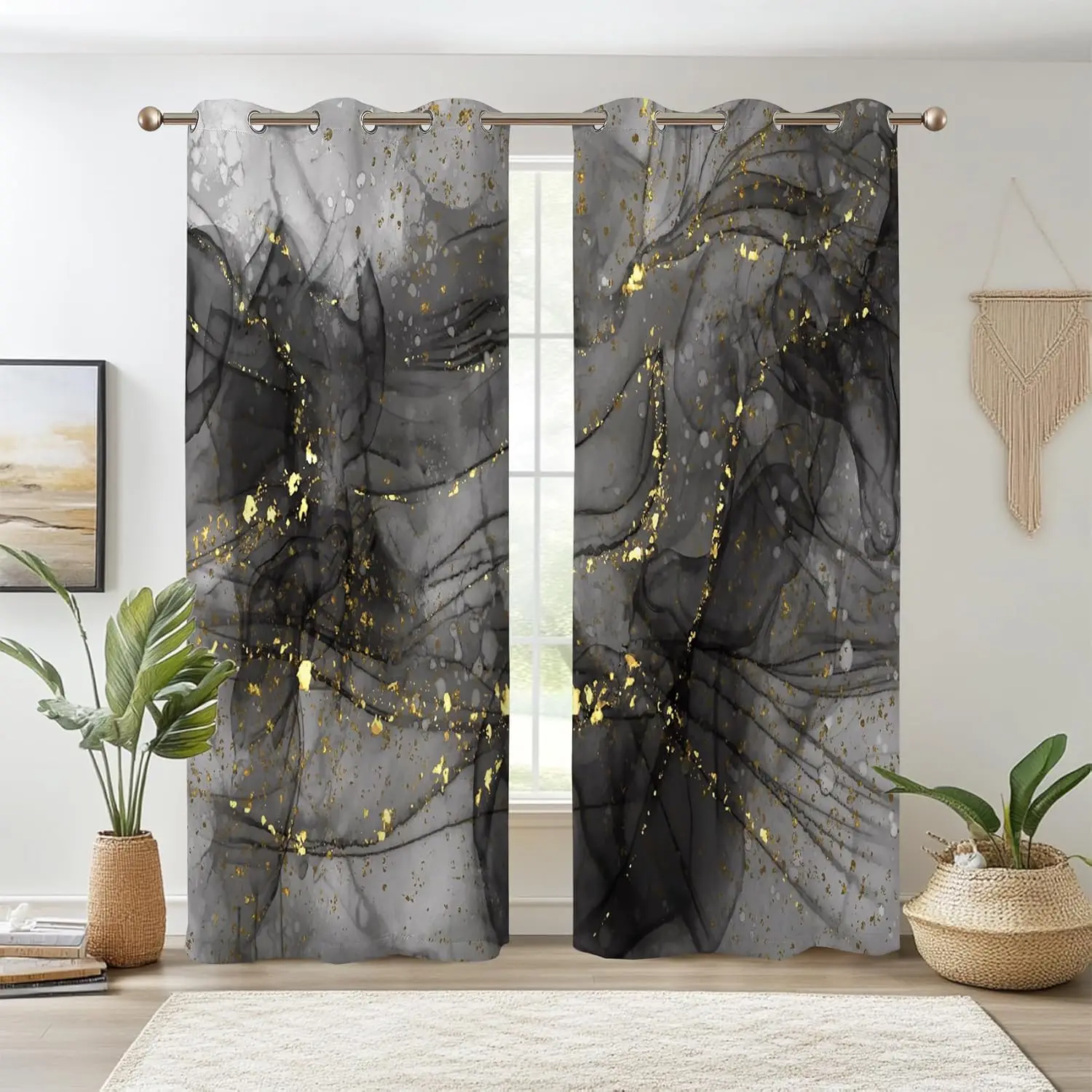 

Renaiss Black And Gold Marble Blackout Curtains, Gray Black Luxury Marble Golden Splash Window Curtains Modern Aesthetic