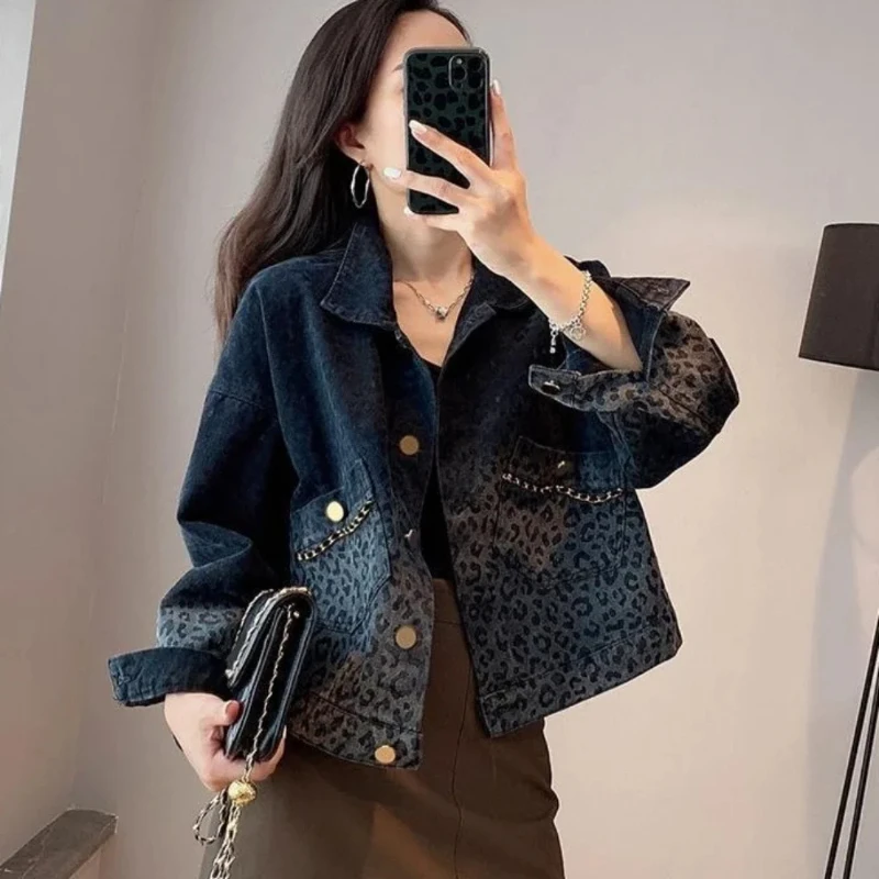 Female Jeans Coat Short Spring Autumn Small Crop Outerwears Graphic Blue Leopard with Print Women's Denim Jackets Black Designer