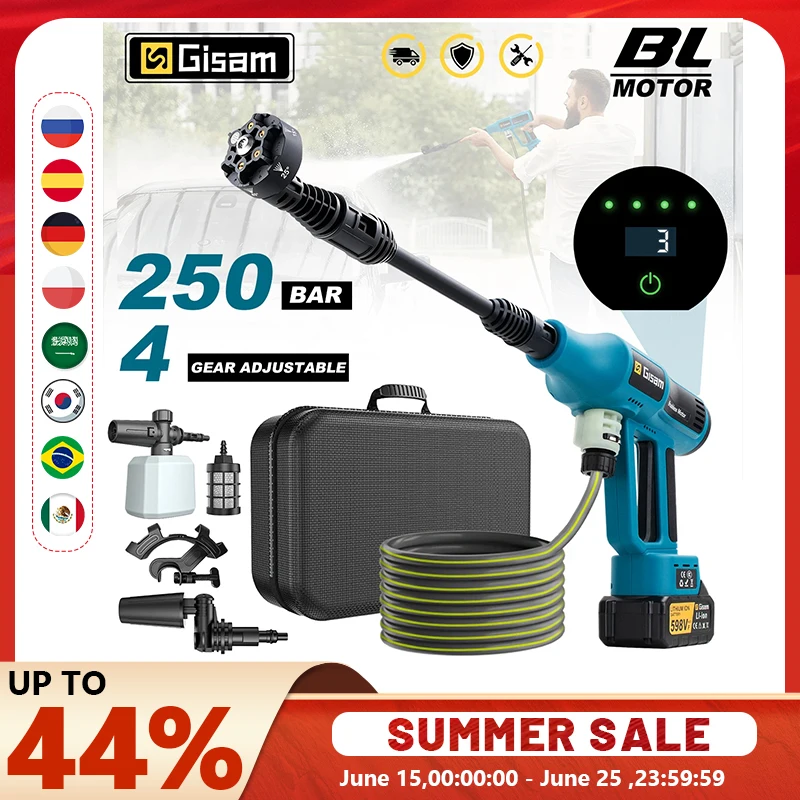 

Gisam 250Bar Brushless Electric High Pressure Washer Gun 4Gear Power Home Car Washing Water Spray Gun for Makita 18V Battery Pin