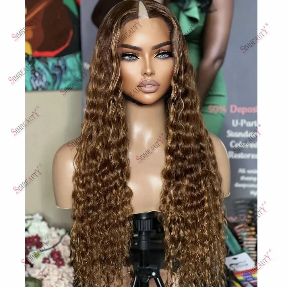 Honey Brown Kinky Curly Human Hair V Part Wig for Black Women Adjustable Glueless 1*4 U Part Wig Human Hair Remy Malaysia Hair