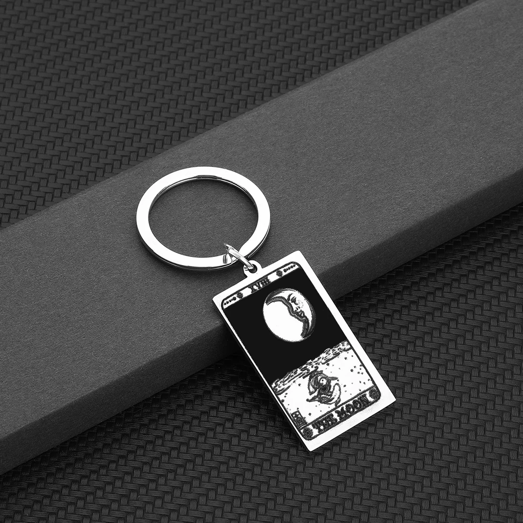 Vintage Tarot Cards Talisman Pendant Keychain The Major Arcana Moon Face Stainless Steel Key Chains Men Women Keyrings Gift