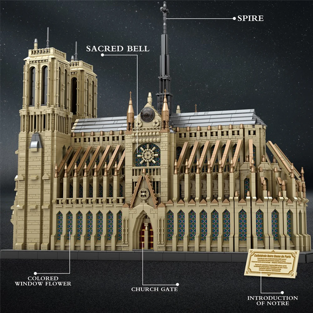 Décennie s de construction modulaires de la cathédrale Notre-Dame, architecture mondiale, ensembles de bâtiments de maison gothiques, ville haute simulation, cadeau, 8868 pièces