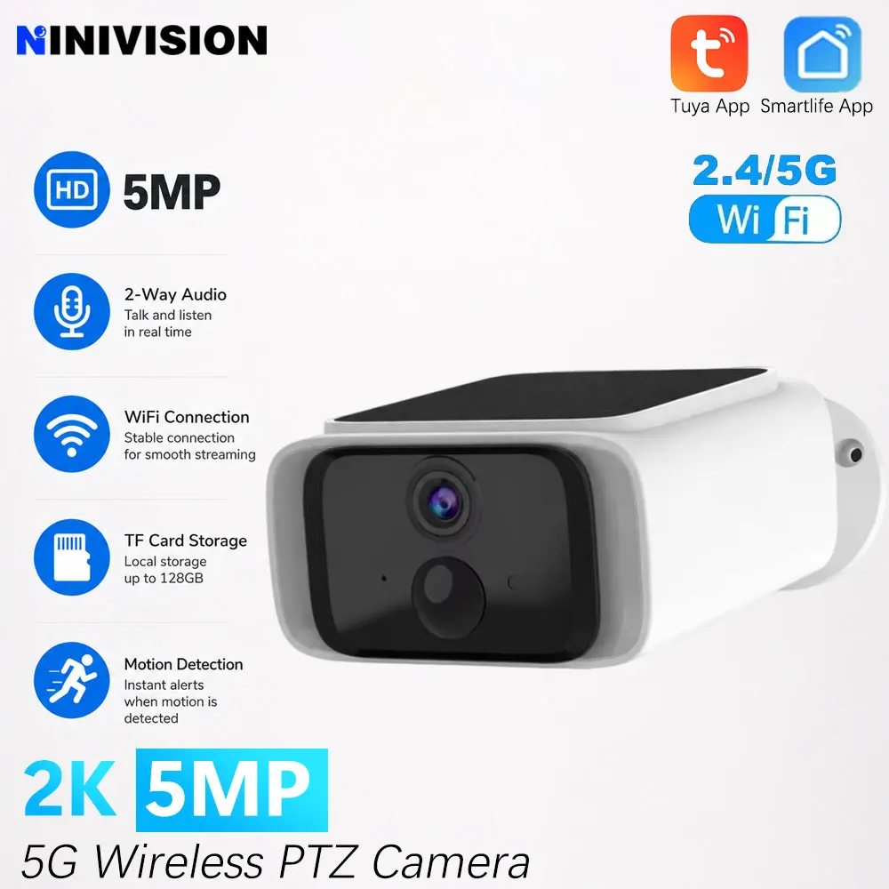 5MP Outdoor Solar Camera 2.4GHz 5GHz Dual Band WiFi Ultra Standby Time PIR Motion Light Color Night Vision AI Detect Battery Cam