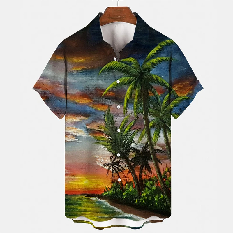 Men\'s Hawaiian Shirts 3D Print Coconut Palm Graphics T Shirts Fashion Button Short Sleeve Lapel Streetwear Hawaiian Shirts Tops