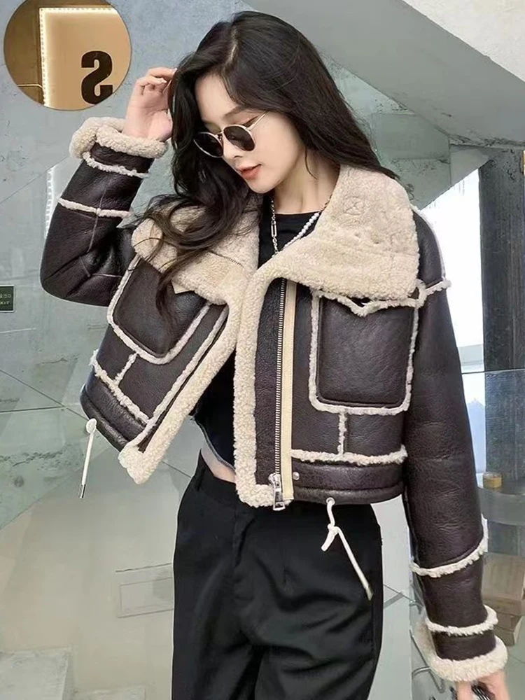 KBAT New Fur Locomotive Vintage Riding Winter Women\'s Jacket Long Sleeved Lapel Padded Warm Black Zip Chic Female Coat Tops