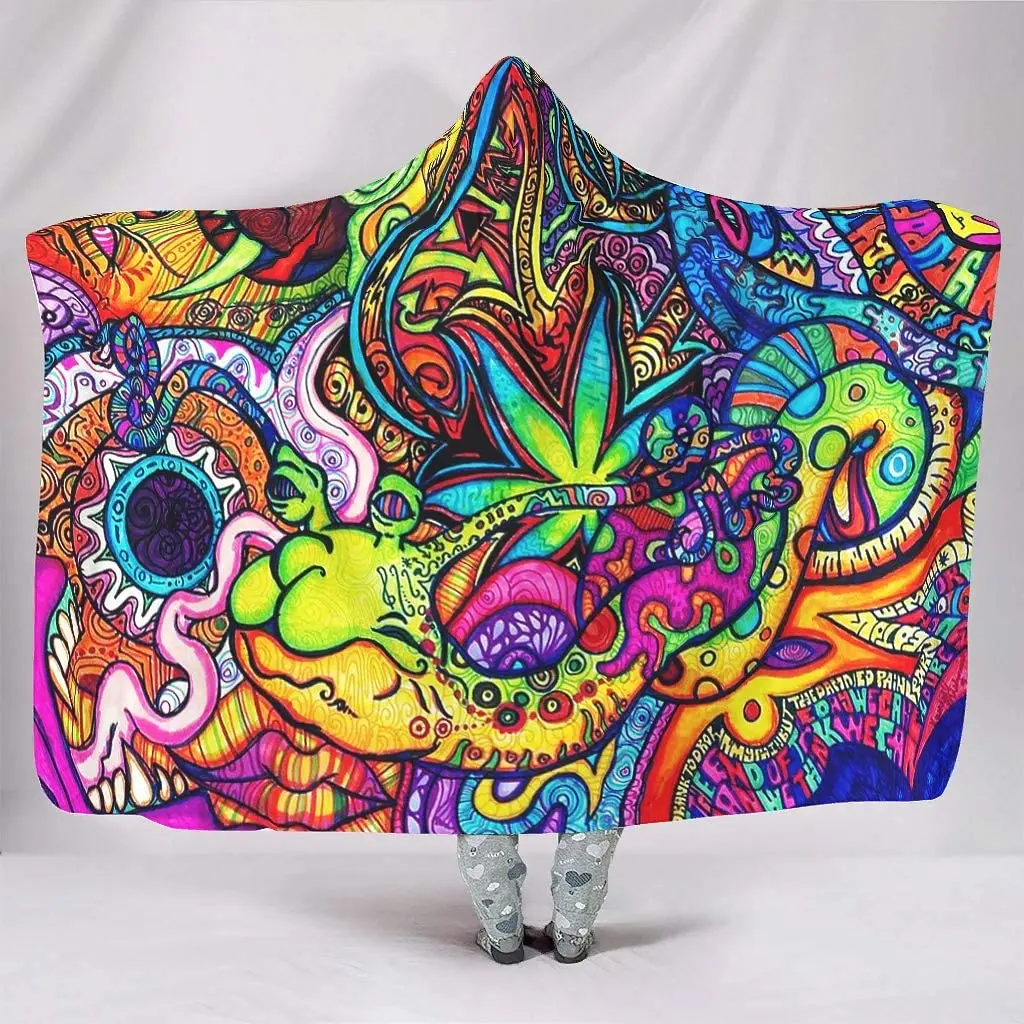 Abstract Bright Trippy Rainbow Hooded Blankets Throw Cloak Cape Abstract Ultra Soft Sherpa Fleece Hoodie Blanket for Adults Kids