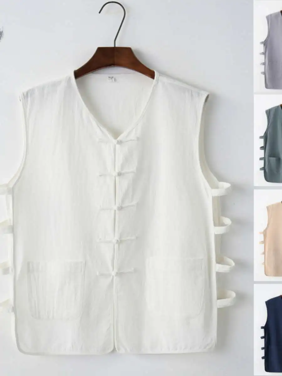 

Pure Cotton Men's Tang Suit Vest Svel Button-Up Traditional Chinese Sle Summer Casual Wear for ly