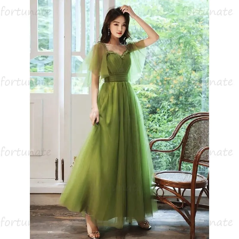 Sweetheart Graduation Holidays Dresses Green Tulle A-Line Homecoming Half Sleeve Spaghetti Straps Ankle Length Party Prom Gown