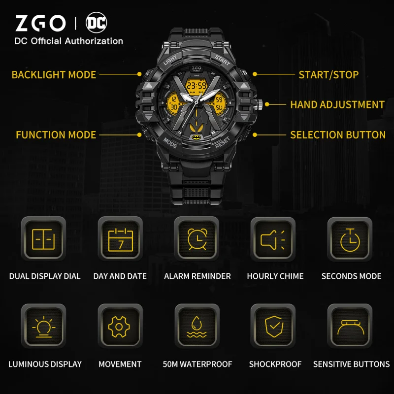 Original ZGO X DC Batman Watch Multi-Function Luminous Shock-Resistant Anti-Wear Mirror Large Dial Sports Watch Unisex 8728