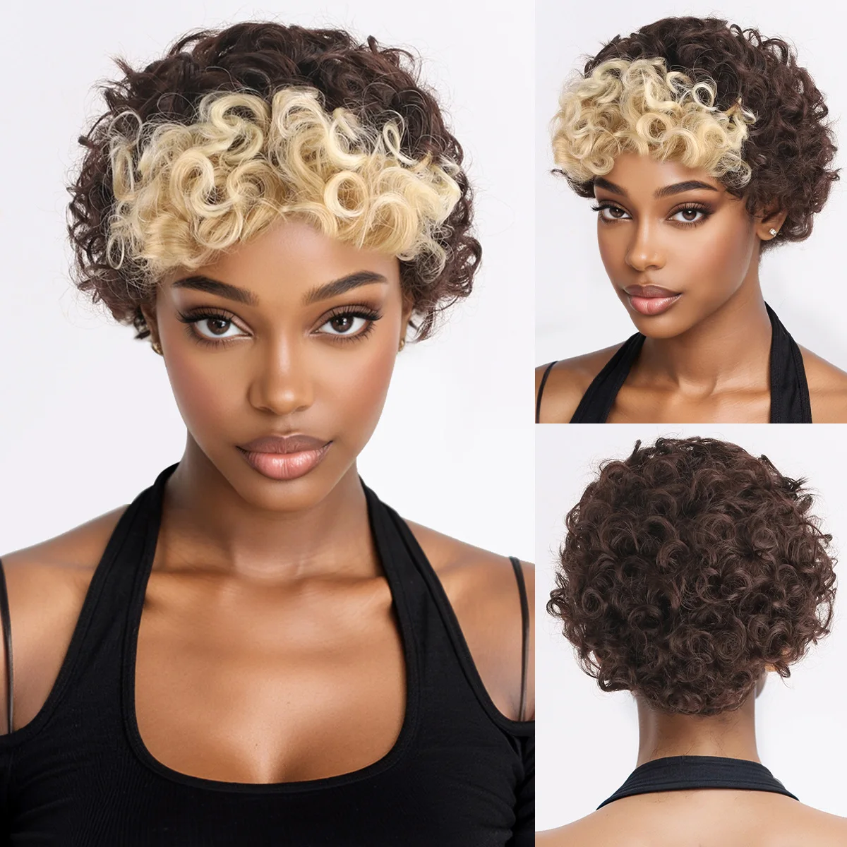 

African curly hair European and American style wig color blocked short roll synthetic wig headband-Synthetic fiber wig