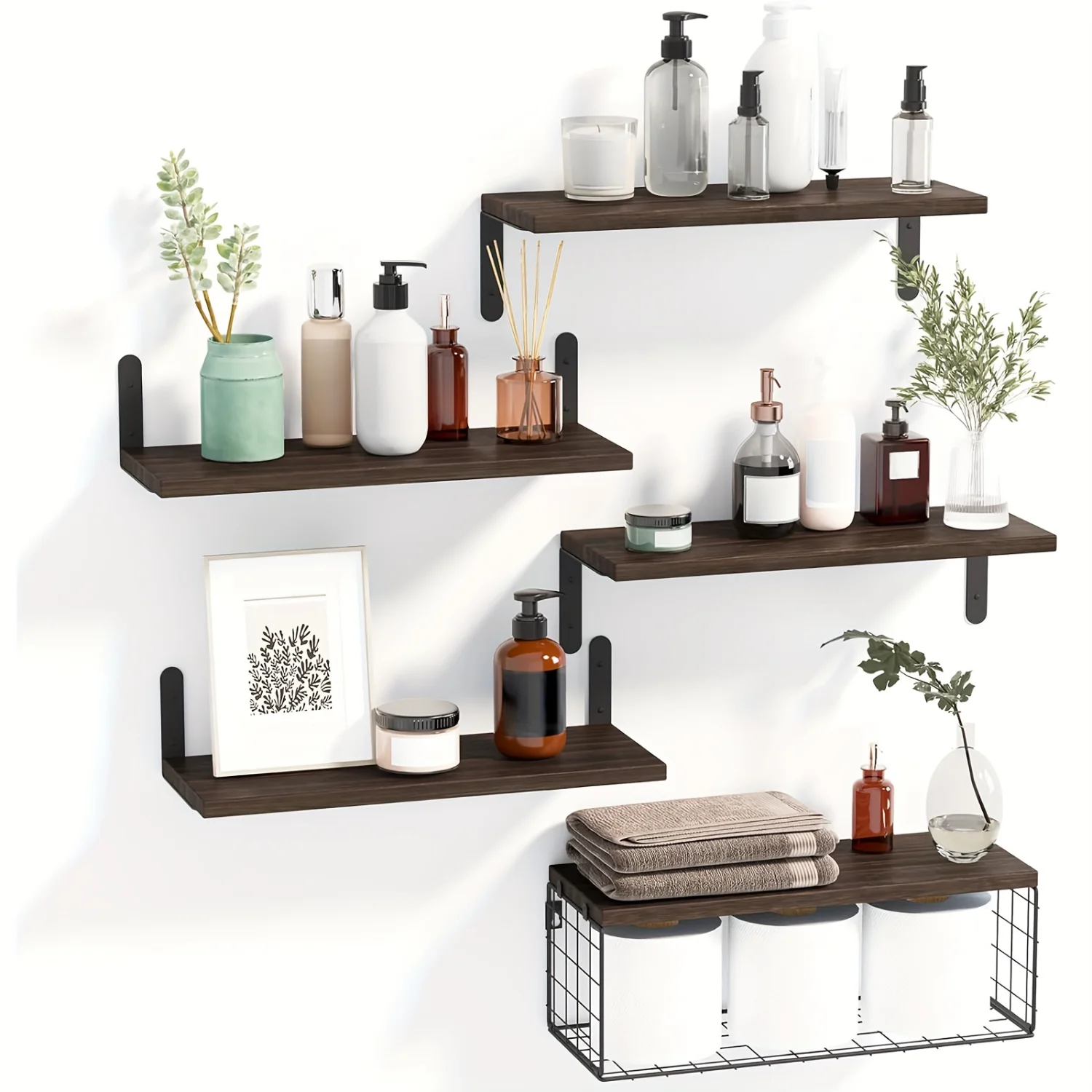 5+1 Tier Bathroom Floating Shelves, Wall Mounted Wood Shelves Over Toilet with Wire  Basket, make  space and keep your bathroom