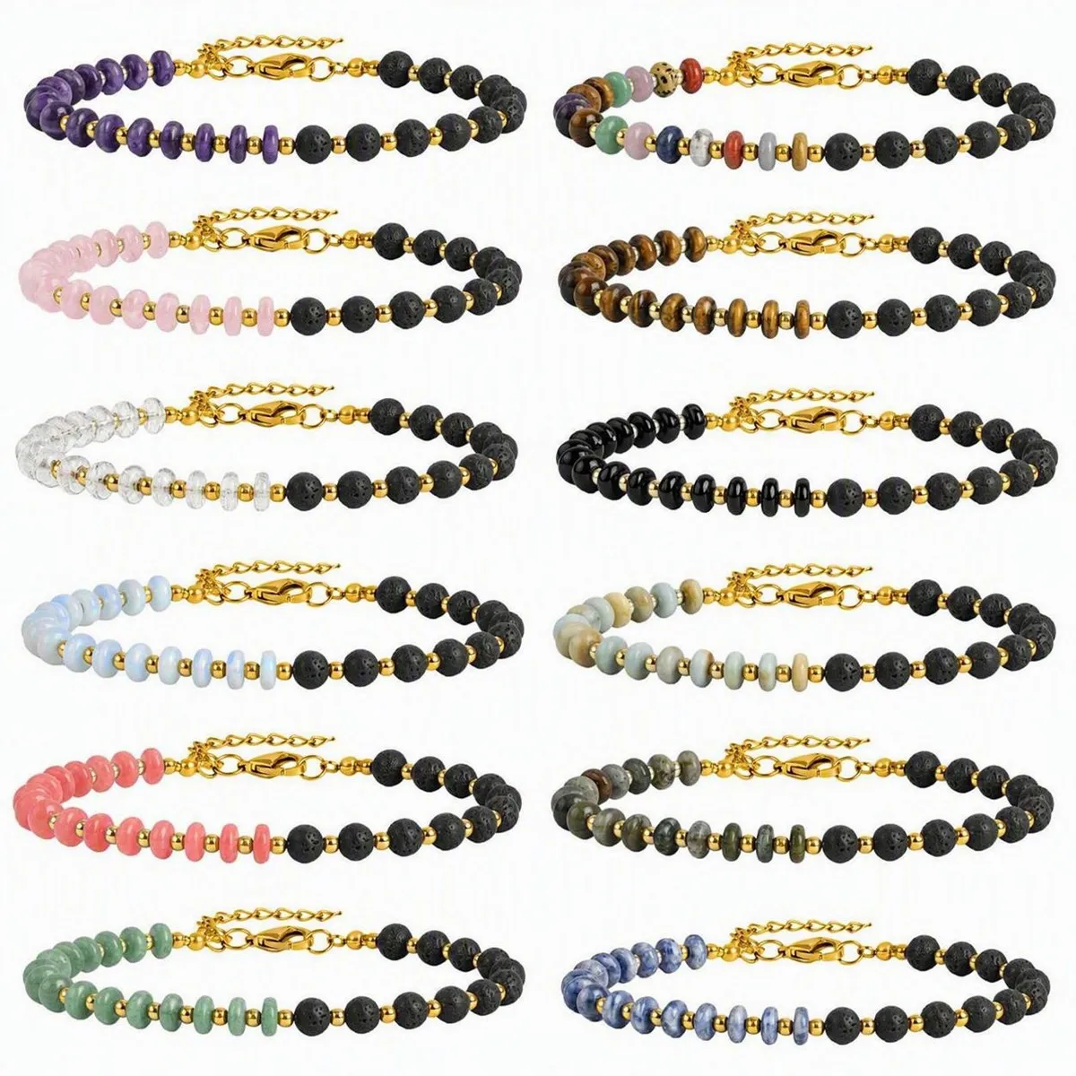 6MM Lava Stone Adjustable Bracelet Gold Clasp Natural Disc Gemstone Spacer Beaded Bracelets Essential Oil Diffuser Jewelry