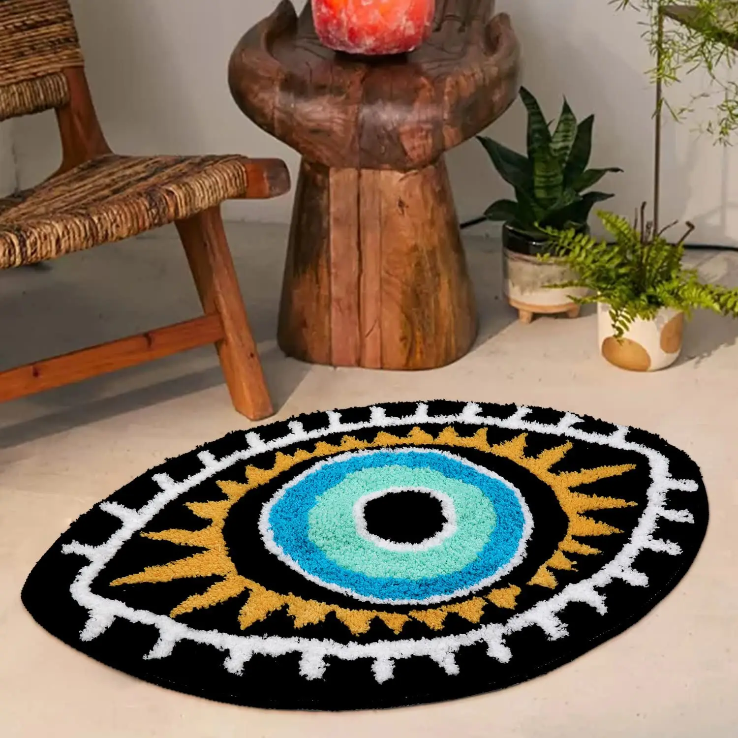 White Evil Eye Rug Bath Mat Non-Slip Kitchen Mat Absorbent Tufted Kids Bathroom Washable Eye Shaped Shaggy Floor Carpet for Pets