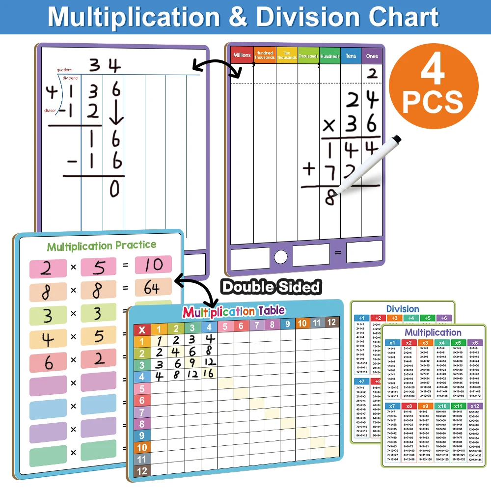 Dry Erase Division Multiplication Chart Practice Board Double Sided Times Table Math Manipulative for Kids Student Teaching Aids