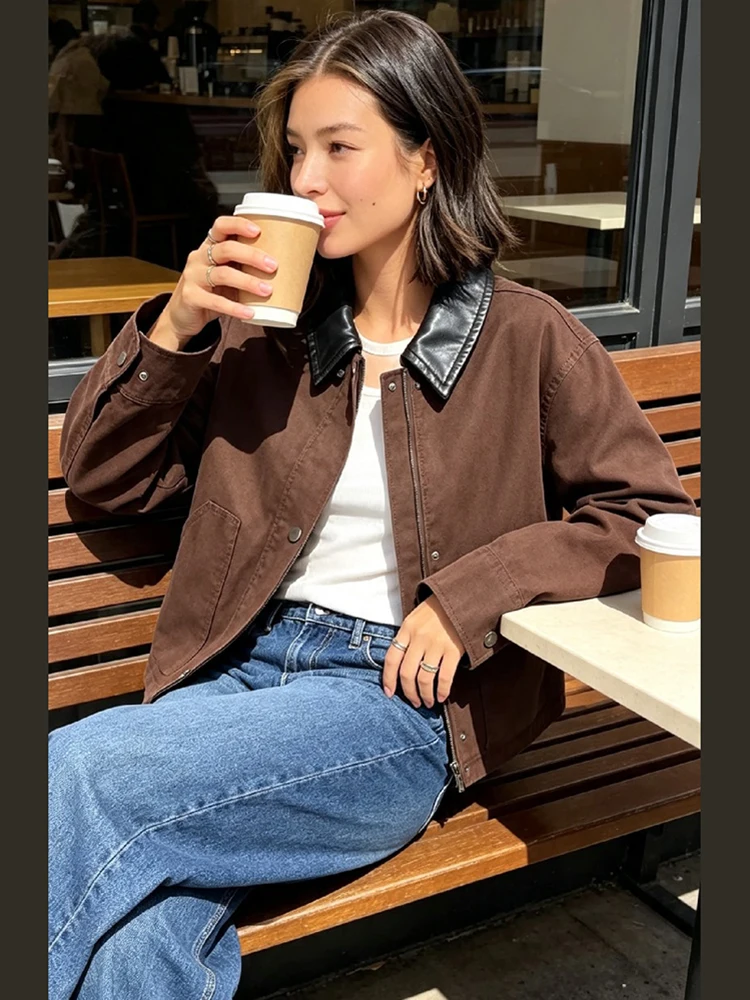 Retro Brown Short Jacket Faux Leather Collar Lantern Sleeves Zip Button Slim Fitting Cropped Coat Autumn Winter Women Outerwear
