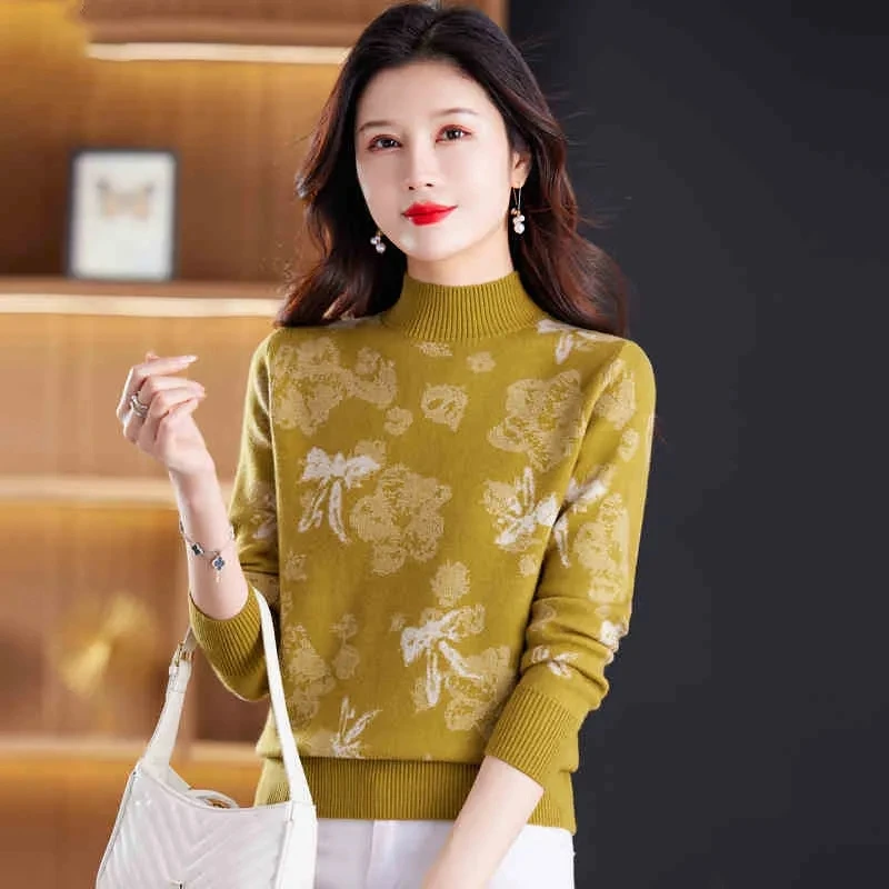 

Autumn And Winter New High-End Solid Color Jacquard Fashion Temperament Sweater Loose Semi-Turtle Neck Knit Bottoming Pullover
