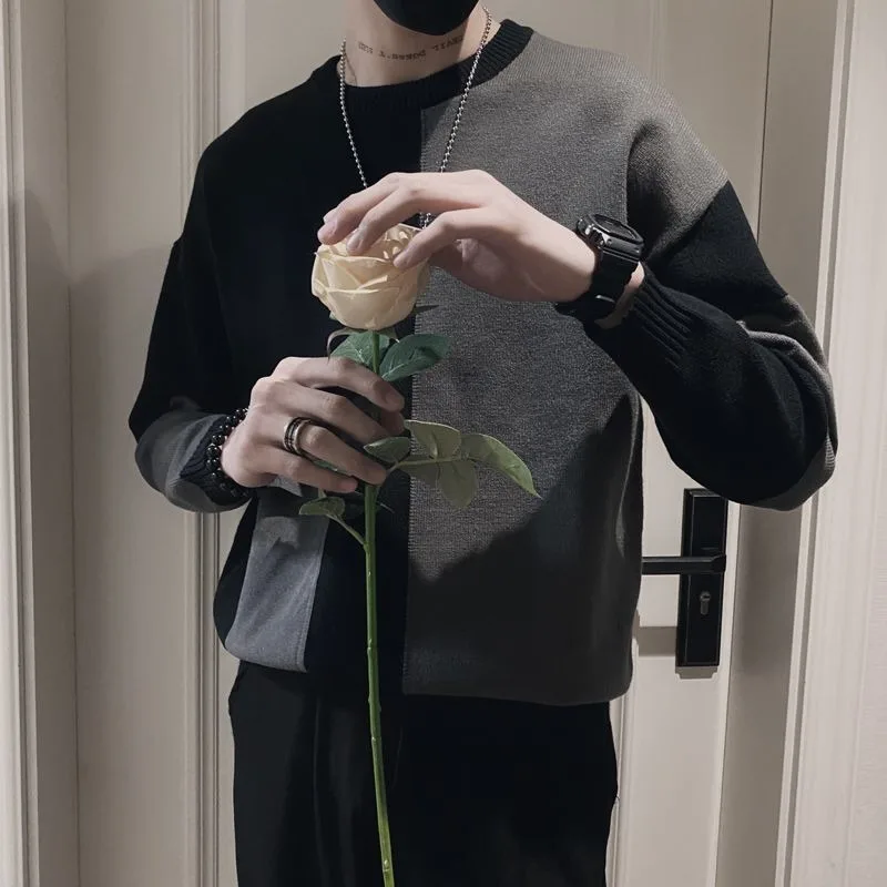 بلوفر تريكو برقبة دائرية بقصة ضيقة للرجال على الطراز الكوري، داخلي دافئ عصري لربيع الخريف والشتاء، طبقات عالية الجودة