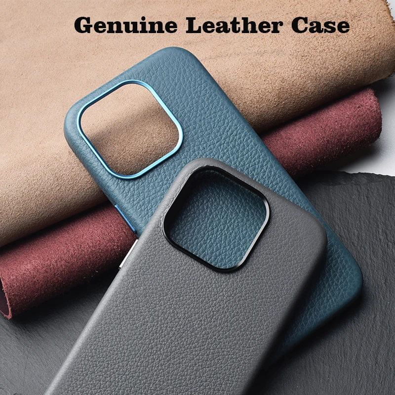 

Genuine Leather Case For iPhone 15 Pro Max Luxury Real Skin Phone Back Cover For iPhone 15 Pro Magnetic Grey Color Blue