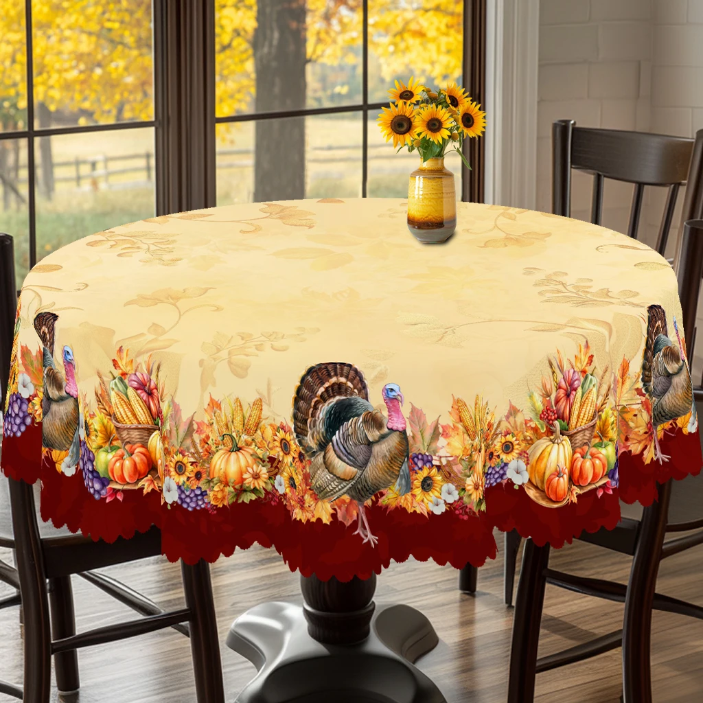 1 Piece of Autumn Thanksgiving and Autumn Harvest Festival Themed Printed Tablecloth, Vintage Country Farmhouse Style, Turkey and Pumpkin Pattern Design, Suitable for Holiday Gatherings, Camping Picnics, Garden Bbqs, Birthday Party Decorations, Kitchen Accessories, Tablecloth for Indoor and Outdoor Use in Restaurants and Patios, Perfect Gift for Friends, Round and Rectangular Tablecloths, Available in Various Sizes