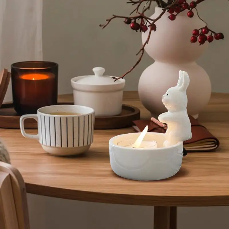 Candle Holder Warming Paws Bunny Ceramic Cartoon Holder Hands Its Paws Cute Light Holder Small Tea Light Candle Holders Scented