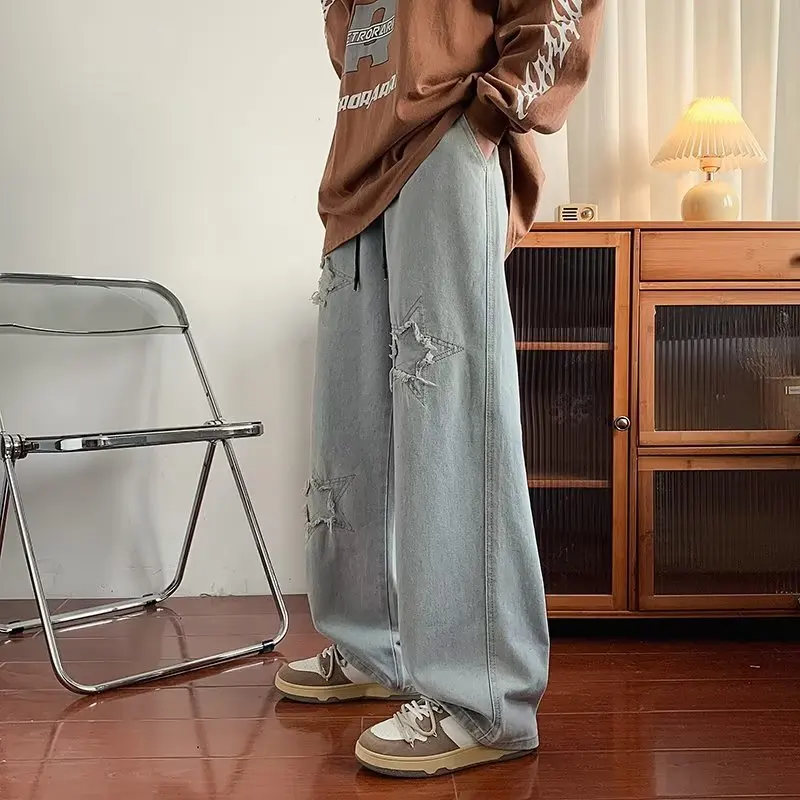Washed American High Street Five-Pointed Star Jeans Men's Korean Version Straight Loose Youthful Floor-Length Wide Leg Flared...