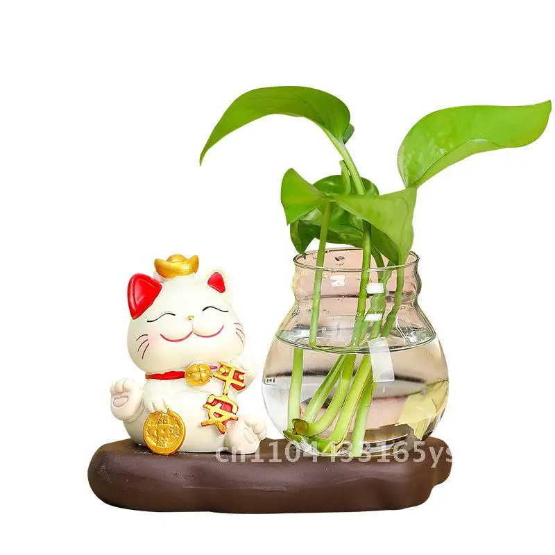 

Lucky Cat Glass Flower Vase Green Rose Ceramic Hydroponic Household Office Desk Decoration Creative Living Room Ornaments