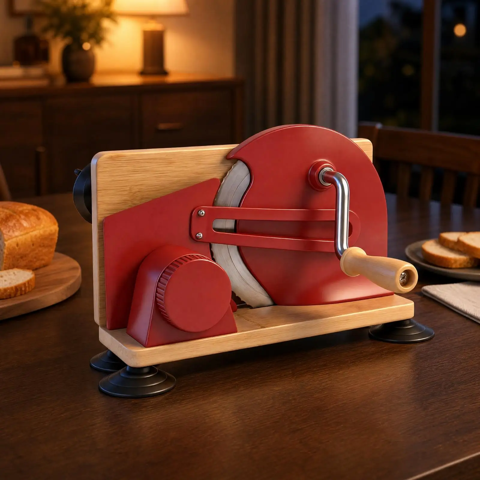 Hand Powered Bread Slicer for Countertop Use with Suction Cup Feet and Foldable Wood Base for Easy Kitchen Storage