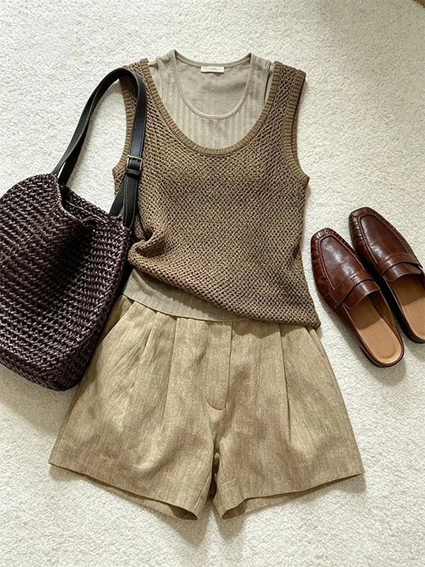 Fashionable Knitted Coffee Vest And Wide Leg Short Pants Set for Women Summer Casual Style Meat Concealing Slimming Look