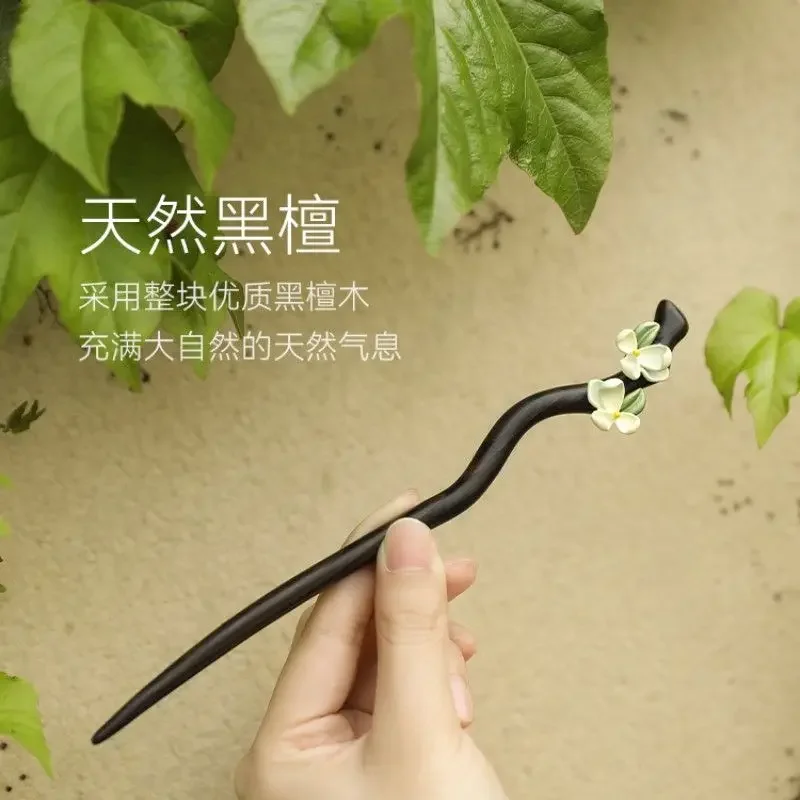 2024 Green Sandalwood Ebony Hairpin Women's High-end Flower Elegant Plate Modern Simple New Chinese Style Hairpin Hairpin