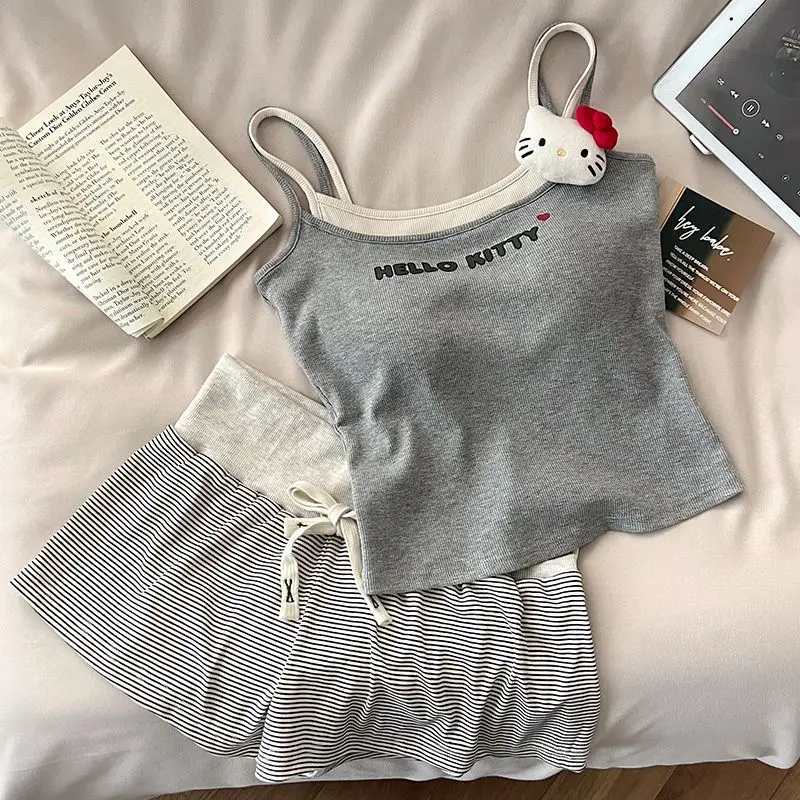 

Sanrio Summer Casual Spor Set Striped Orts American Style Splice Stripe Sports Shorts Women Summer Loose A- Line Home Sleepwear