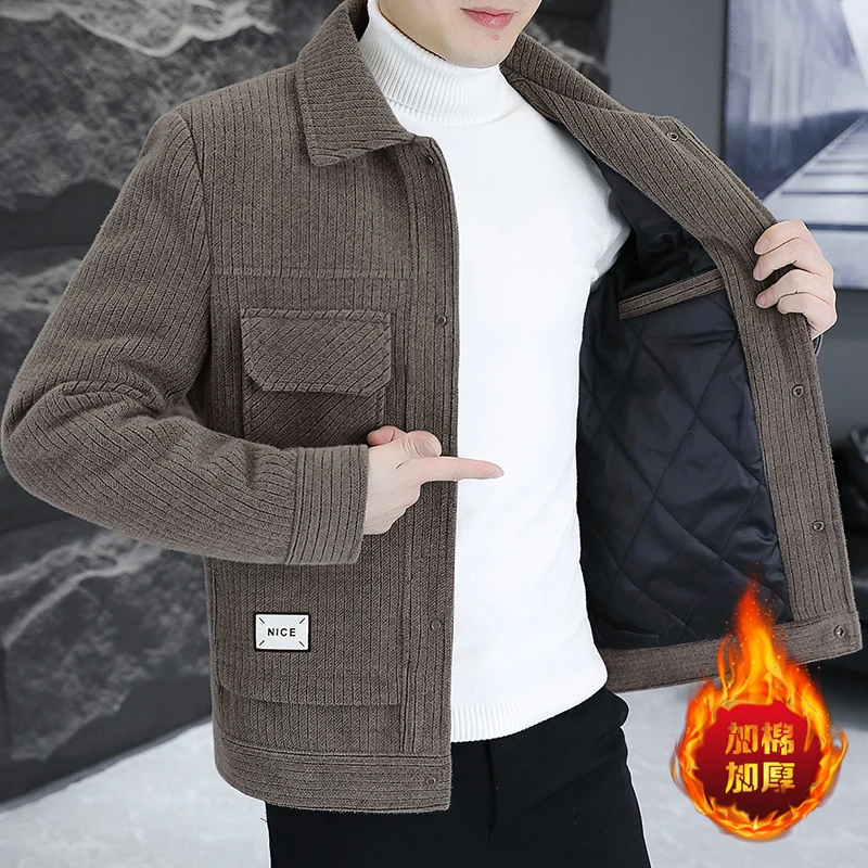 

2024 Winter Chenille Woolen Jacket for Men Korean Striped Casual Business Trench Coat Thick and Warm Social Streetwear Overcoat