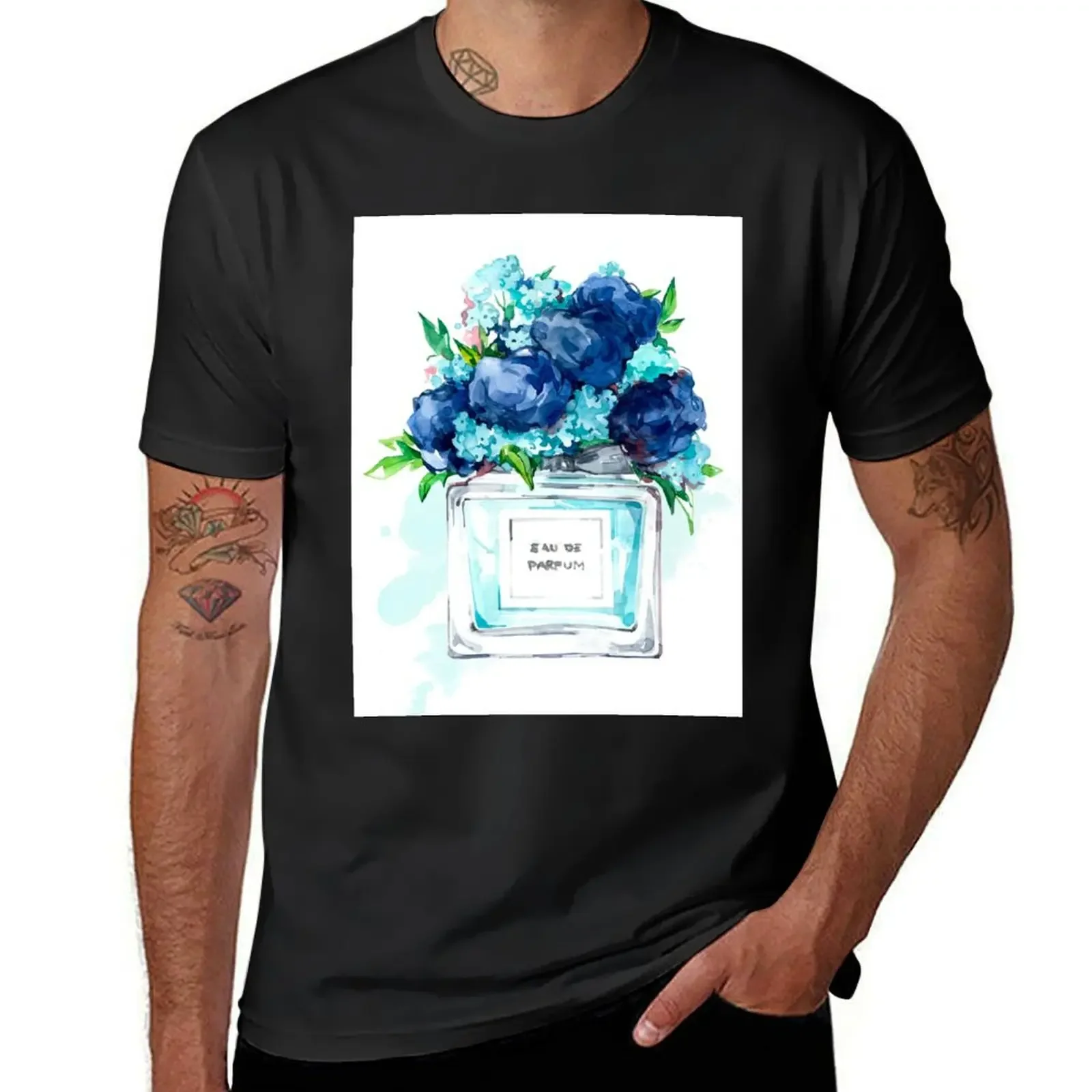 Perfume Bottle Watercolor Painting Hand Painted With Blue Flowers T-Shirt heavyweights tops funny t shirts men