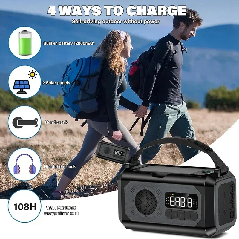 

Portable AM/FM/NOAA Radio Solar Radio With Flashlight Reading Lamp 12000Mah Emergency Weather Radio Hand Crank