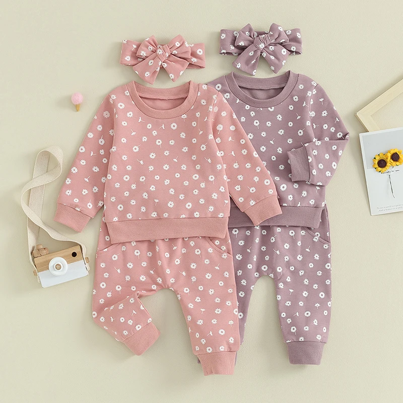 CuteKids Baby Girls Clothes Casual Children Outfits Long Sleeve Sweatshirt Sweatpants Headband  Floral Print Sets