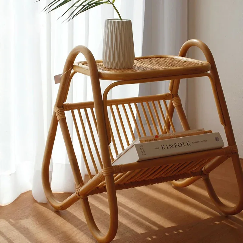 Modern Rustic Bohemian 2-Tier Rattan Coffee Table Medieval Small Side Table Magazine Rack Livingroom Home Decoration