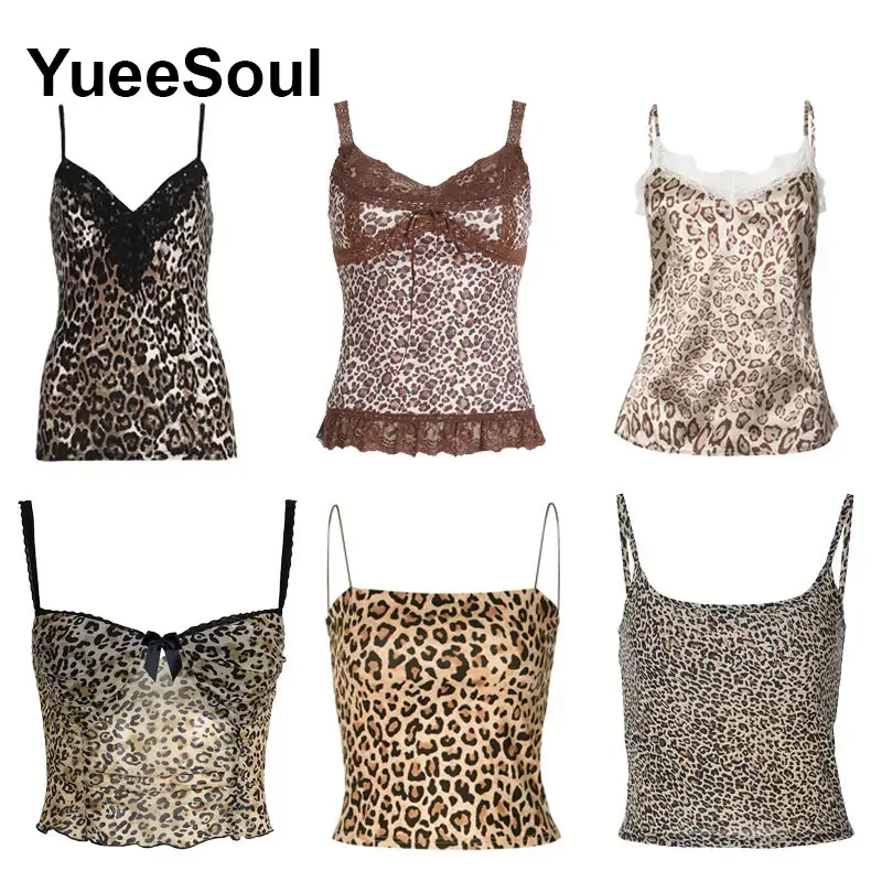 Leopard Sexy Crop Tops Sleeveless V Neck Slim Tank Tops 2025 Summer New 2000s Y2K Vintage High Street Camis Woman Clothing