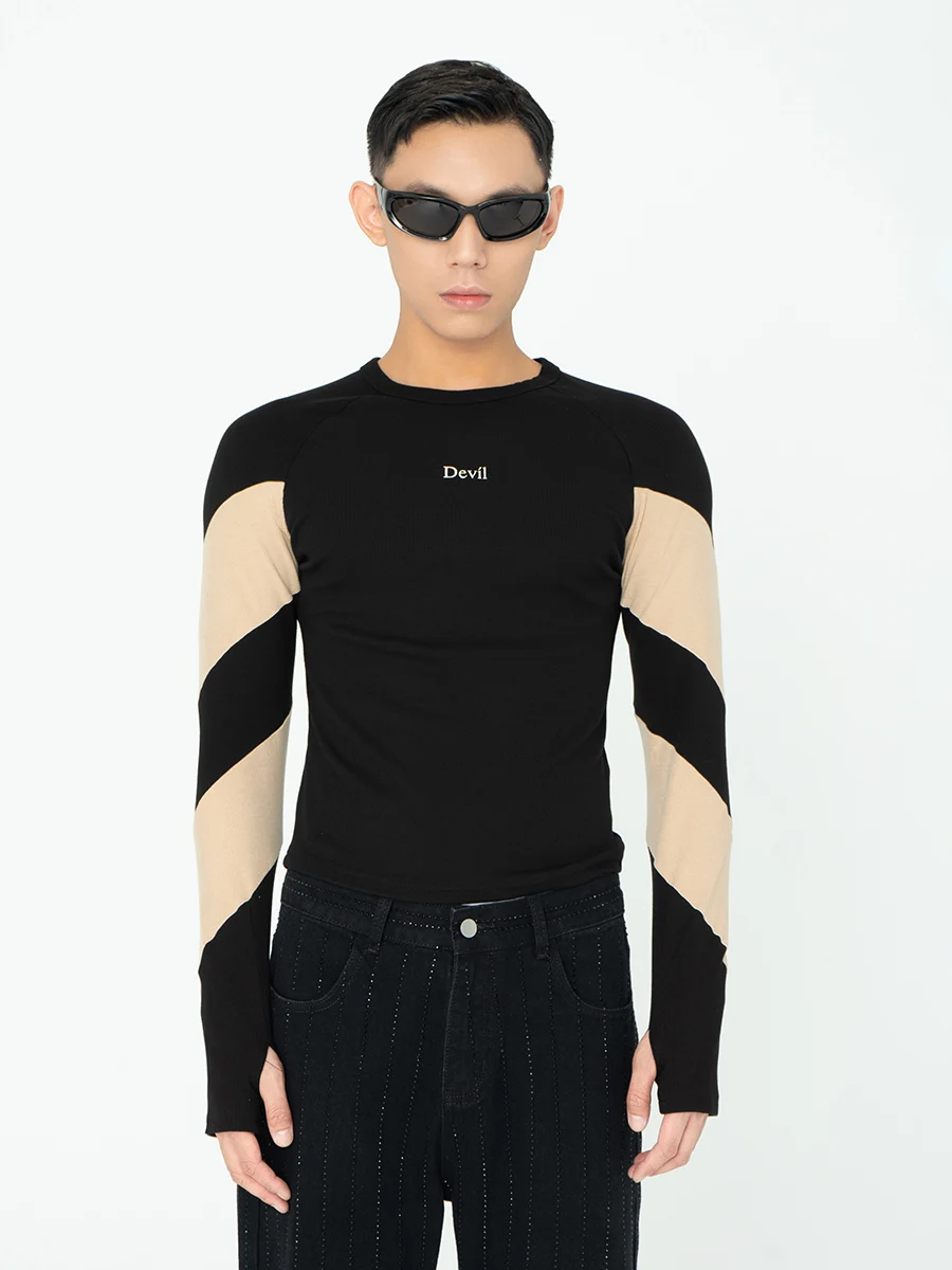 

CLP Original Devil Black Naked Spiral Color Block Long Sleeve T-Shirt Slim Fit Casual Shoulder Insertion Women's Style Cotton...