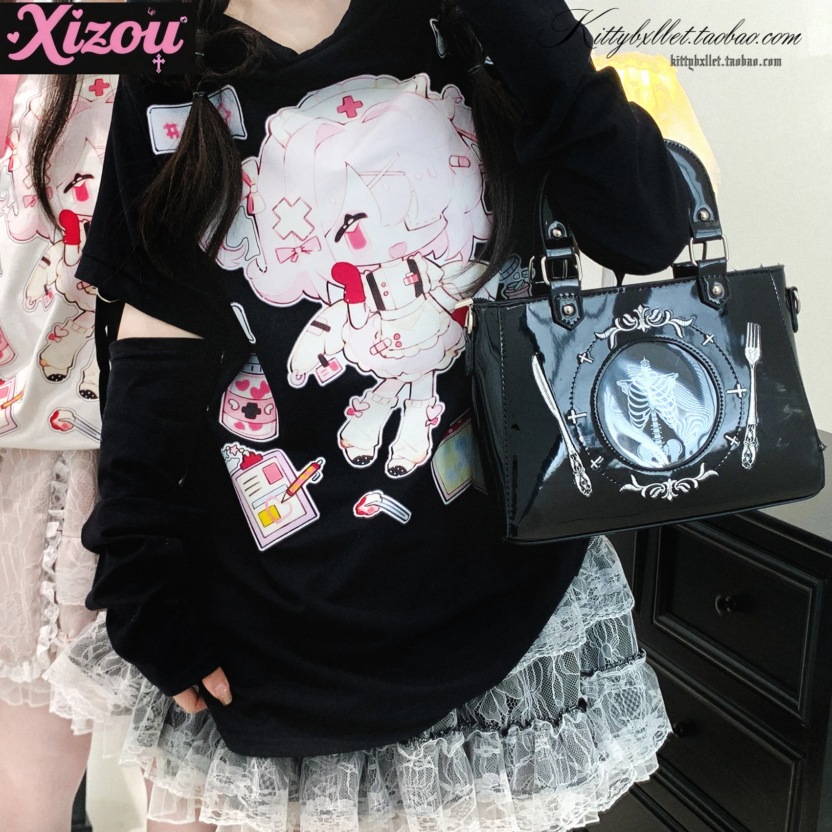 Japanse Subcultuur Y2k Zhai Meng Stapel Kraag Mouw Origineel Patroon Losse T Zacht Meisje Cartoon Leuke Print T-shirts Dames tops